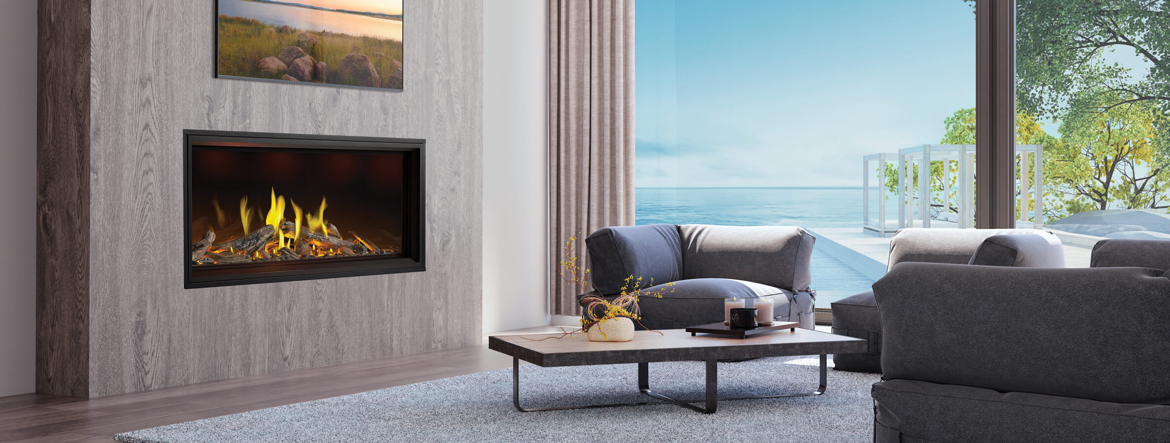 A modern living room with a Napoleon Entice gas fire place