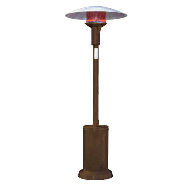 A freestanding, portable patio heater with a black steel finish
